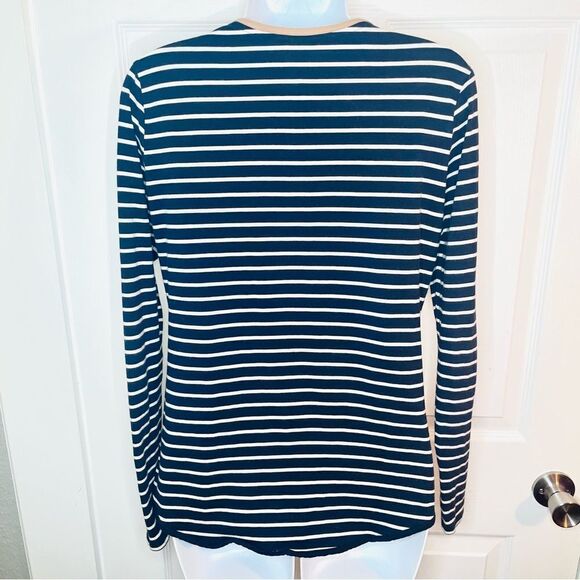 Nautica Striped Womens Long Sleeve Top Zipper Shoulders Tan Trim Navy White M - Picture 7 of 10